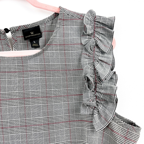 Worthington Houndstooth Plaid Black White & Pink Blouse - Picture 4 of 10